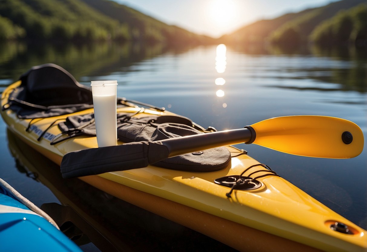 A kayak paddle rests on a dock, its length carefully measured. A pair of gloves and blister prevention cream sit nearby. The sun shines on the water, inviting paddlers to embark on a serene journey