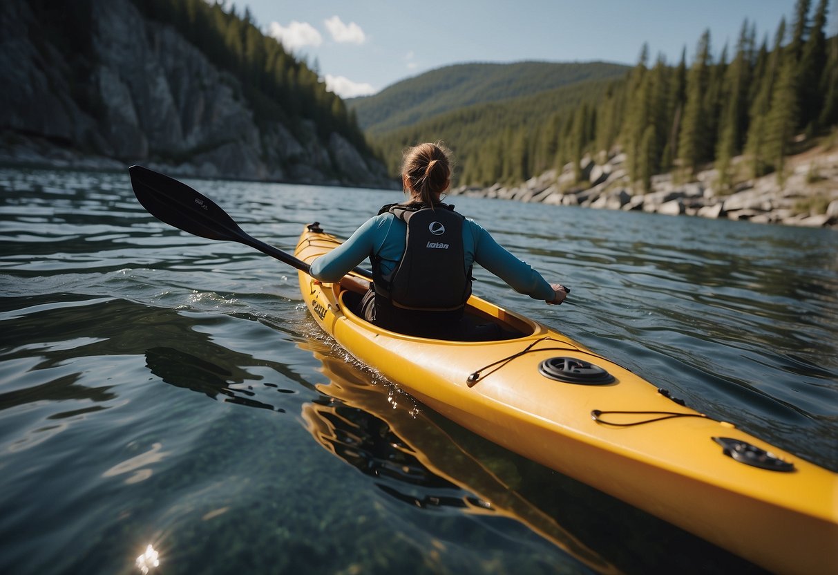 A kayak glides smoothly across calm waters, avoiding rocky areas. The paddler maintains a steady rhythm, using proper technique to prevent blisters