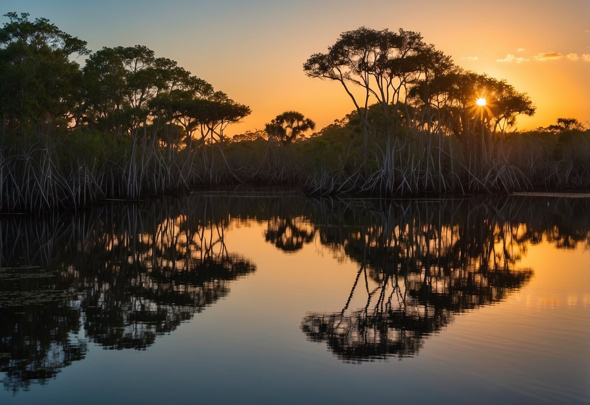 Mangroves line the calm, reflective waters of the Everglades, with cypress trees and sawgrass marshes in the distance. Wildlife can be seen along the banks, and the sun sets in a fiery display of colors