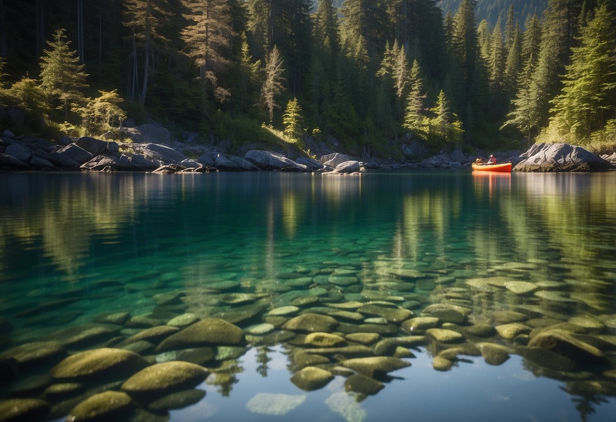 Crystal clear waters reflect the lush greenery of the San Juan Islands. Kayaks and paddleboards glide peacefully across the serene surface, surrounded by majestic mountains and tranquil forests