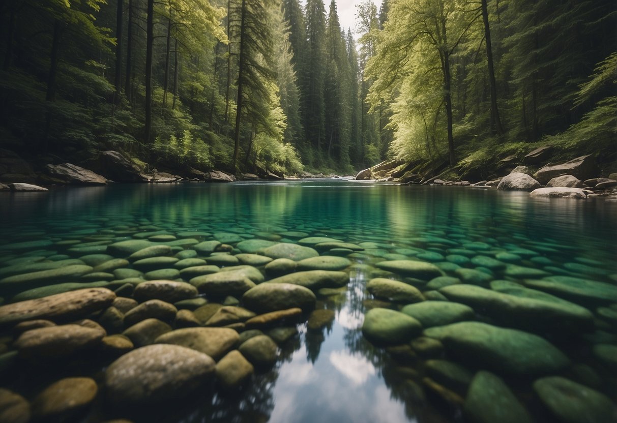 A serene river flowing through a lush forest, with clear, clean water reflecting the surrounding greenery. A pristine lake nestled among mountains, offering calm waters for paddling. A sparkling spring bubbling up from the earth, providing pure, refreshing water for