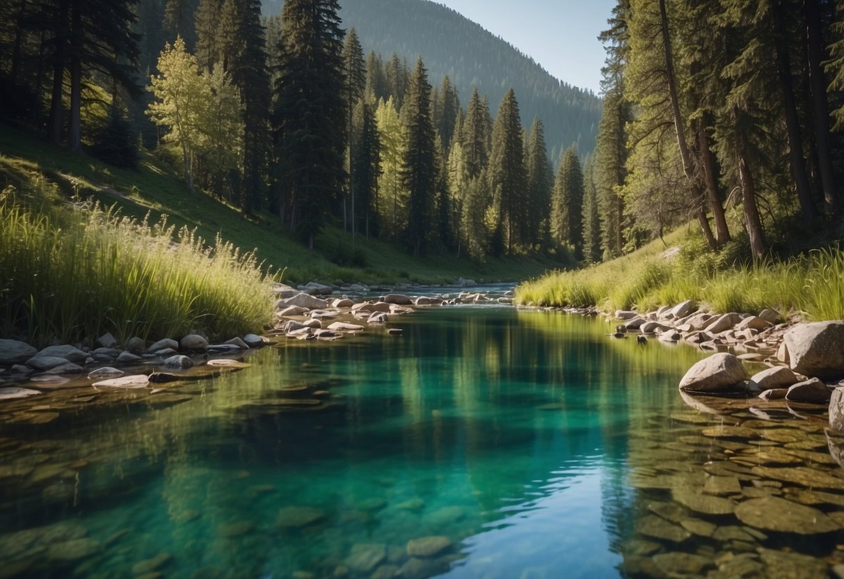 A serene river flowing through a lush forest, with clear water and vibrant aquatic life. A tranquil lake surrounded by mountains, reflecting the clear blue sky. A sparkling stream meandering through a peaceful meadow