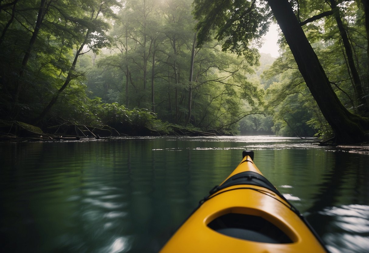 A serene river flows through a lush forest, with a kayak and canoe gliding silently on the water. The paddles are carefully stowed, and no signs of human presence are left behind