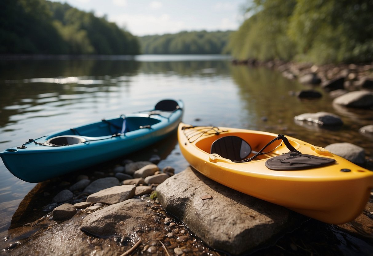 A kayak and canoe sit on a calm riverbank. A bottle of biodegradable soap is nearby, along with other eco-friendly gear