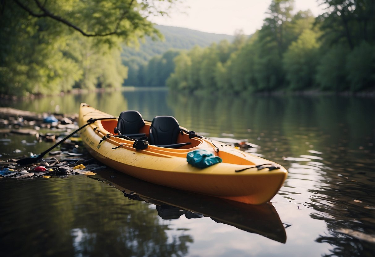 A kayak and canoe on a serene river, with trash being carefully collected and packed away in a secure manner, leaving the surrounding nature undisturbed