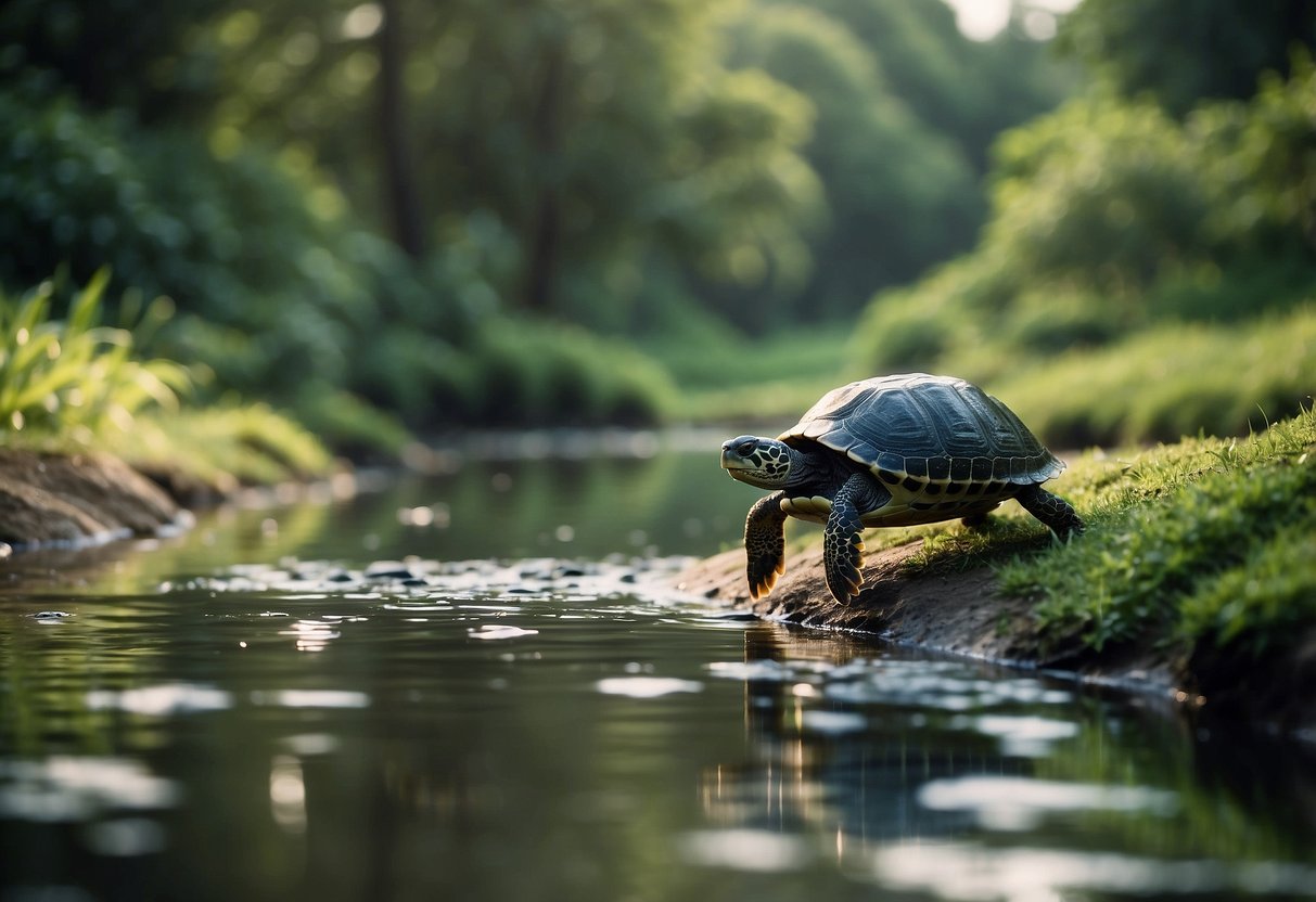 A serene river with lush greenery, calm waters, and various wildlife such as birds, fish, and turtles, undisturbed by any human presence