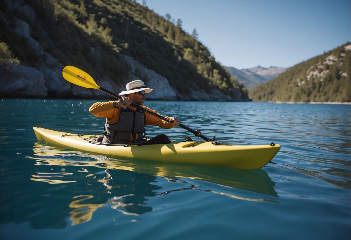 A kayaker paddles through clear blue waters, wearing marine-friendly sunscreen. The serene scene is untouched, with no trace left behind