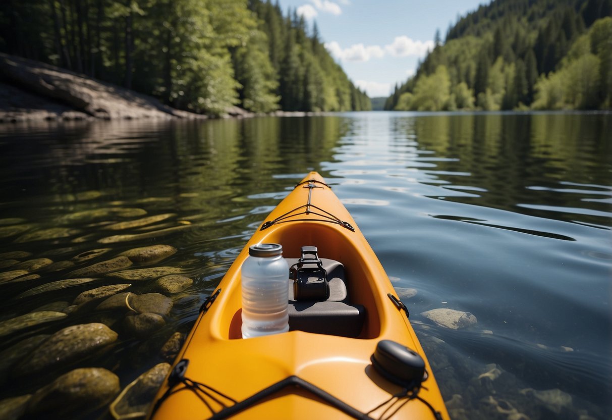 A kayak and canoe floating on a calm river, with a reusable water bottle secured to the side. Surrounding nature remains undisturbed