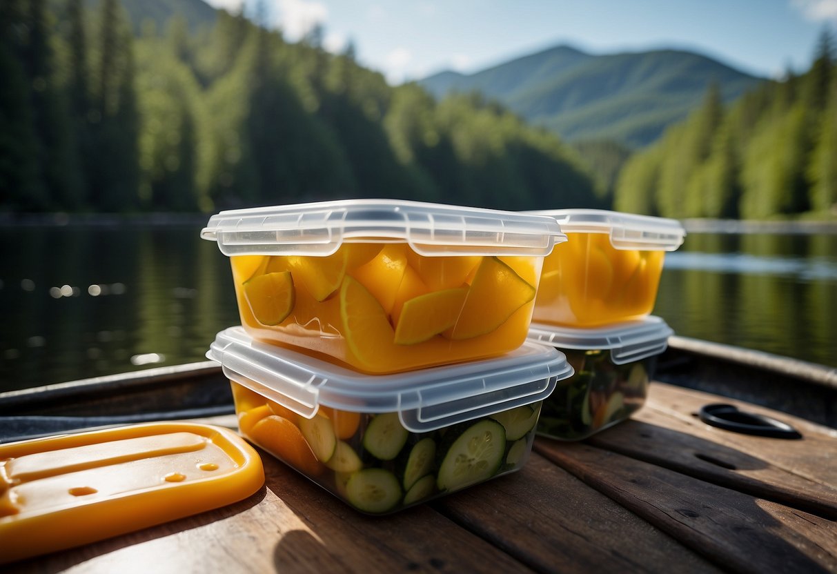 Food stored in sealable containers on a kayak or canoe, surrounded by nature