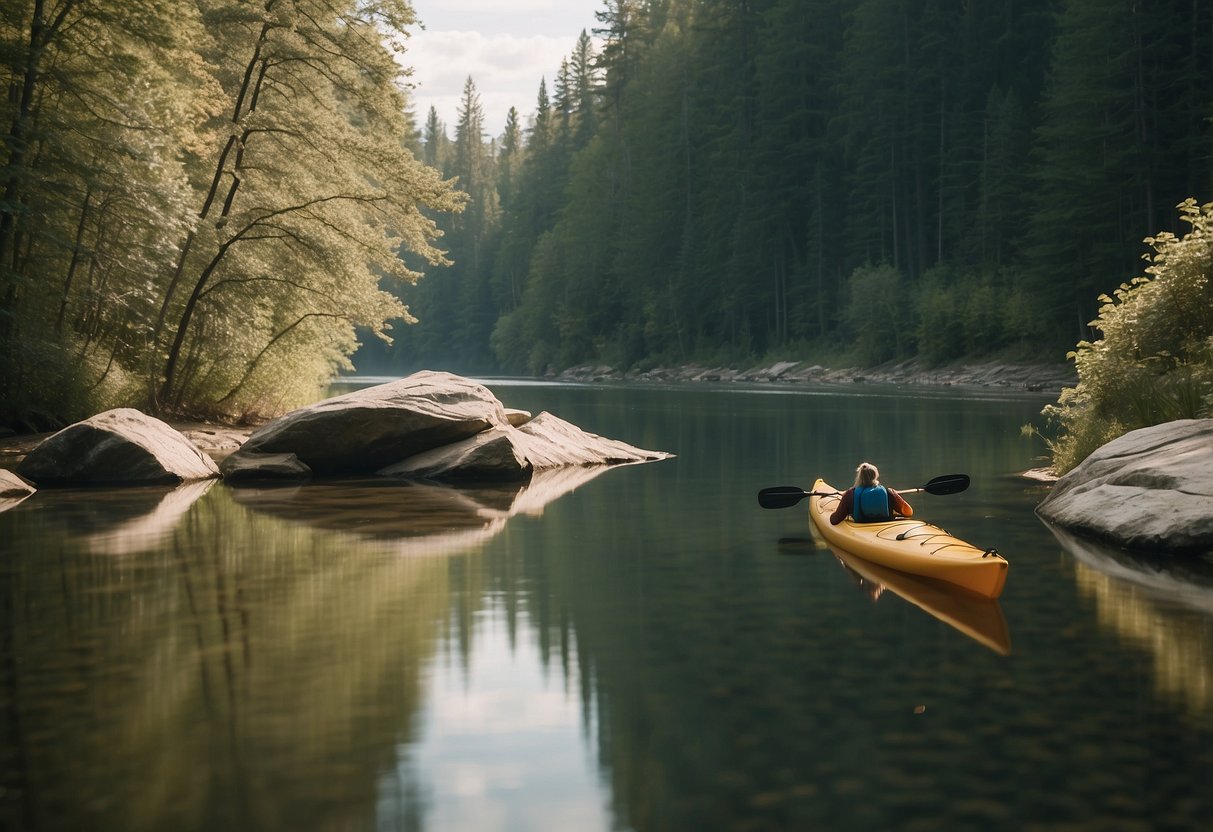 A kayak peacefully glides through a serene river, passing by a sign that reads "Respect Private Property - 10 Ways to Leave No Trace While Kayaking and Canoeing"