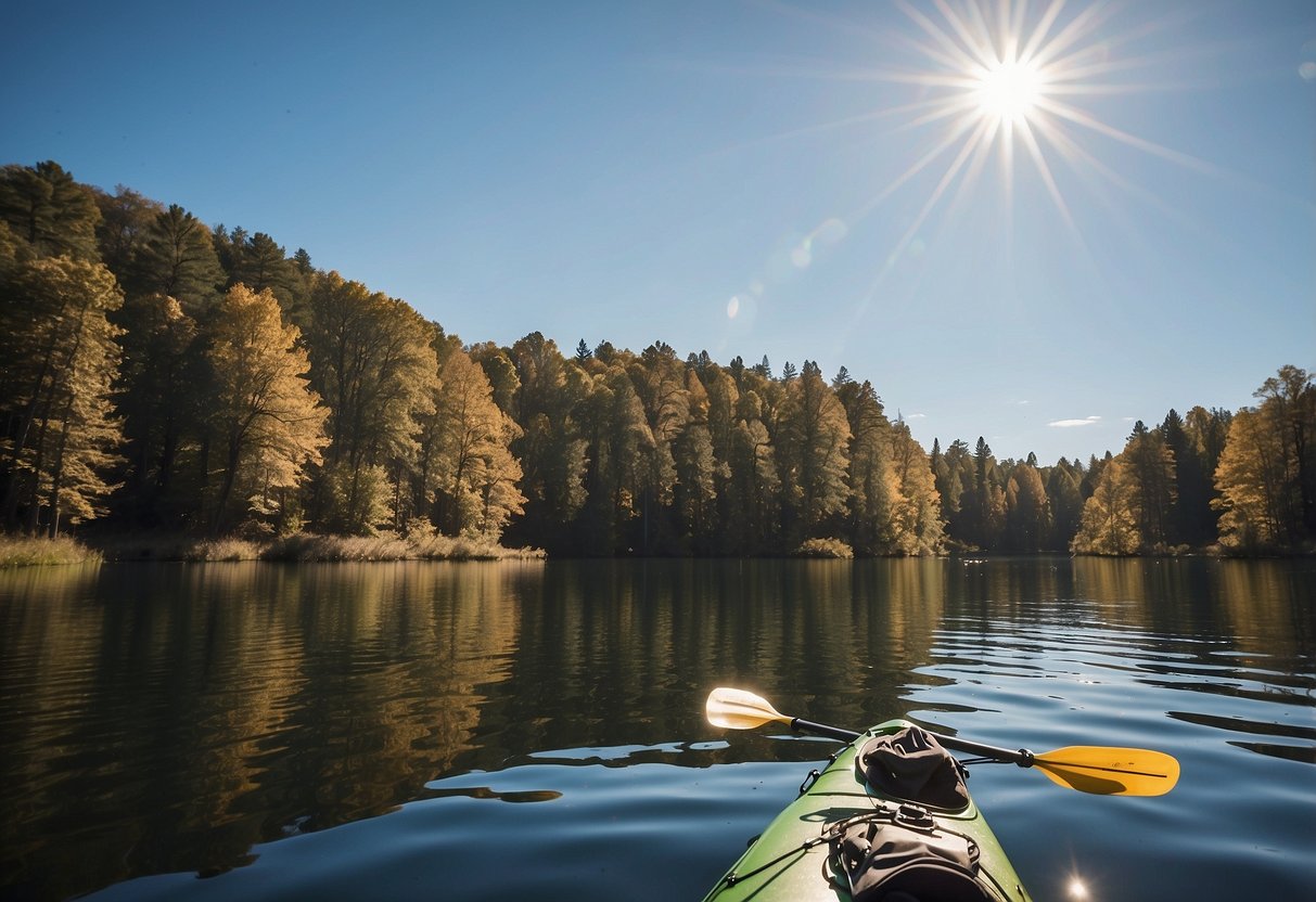 A bright, sunny day with a clear blue sky. A person paddles a kayak on a calm, glistening lake. The sun beats down, causing ripples of heat to rise from the water. Trees line the shore, providing some shade