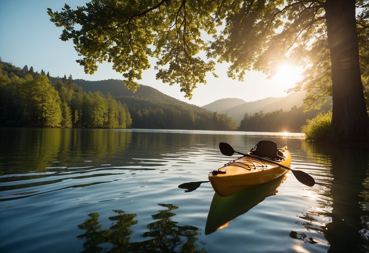 A kayak glides across a shimmering lake under a bright sun. Water bottles and sunscreen are visible in the boat, surrounded by a backdrop of lush green trees