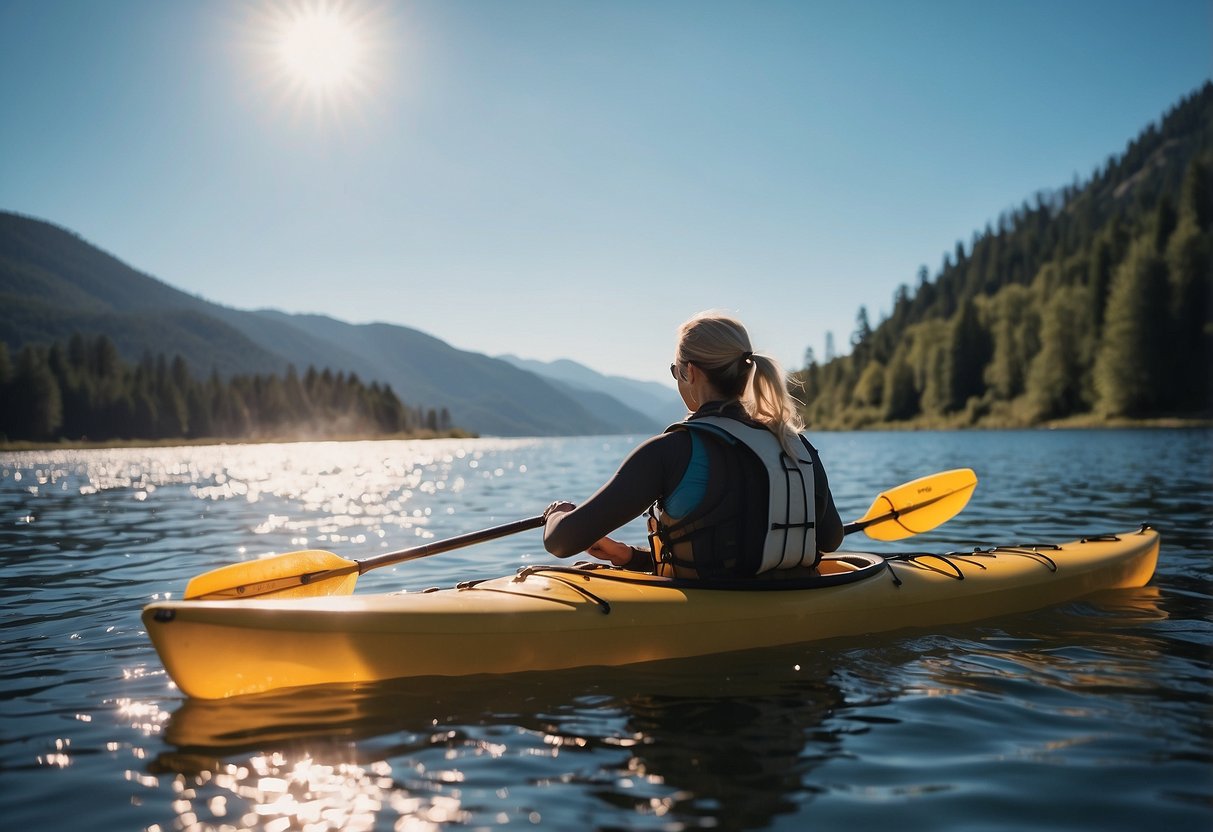 A person paddling in a kayak on a sunny day, wearing lightweight clothing, with a clear blue sky and a shimmering body of water