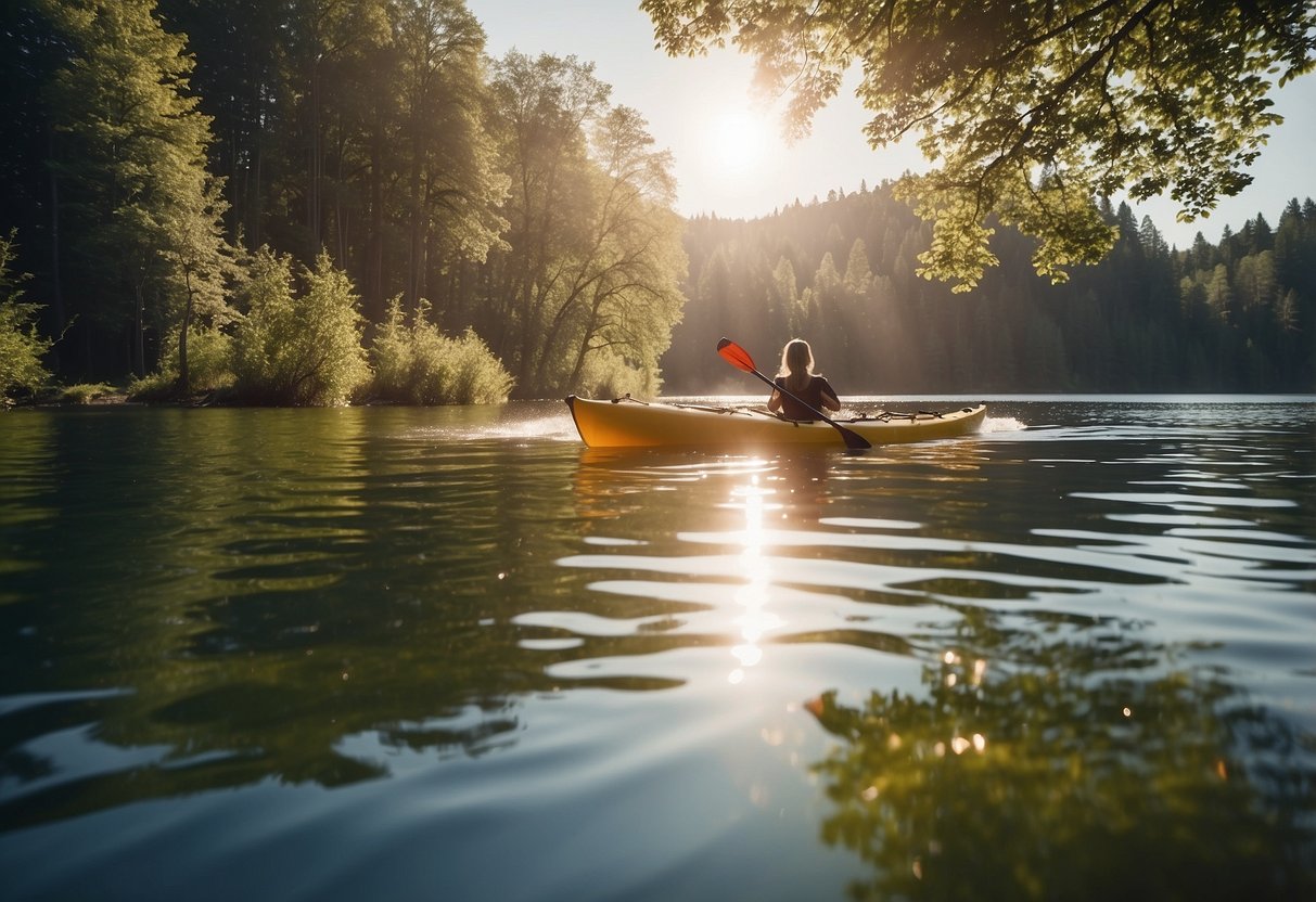 A kayak floats on a shimmering lake under a bright sun. A hand applies waterproof sunscreen to the hull, surrounded by water and greenery