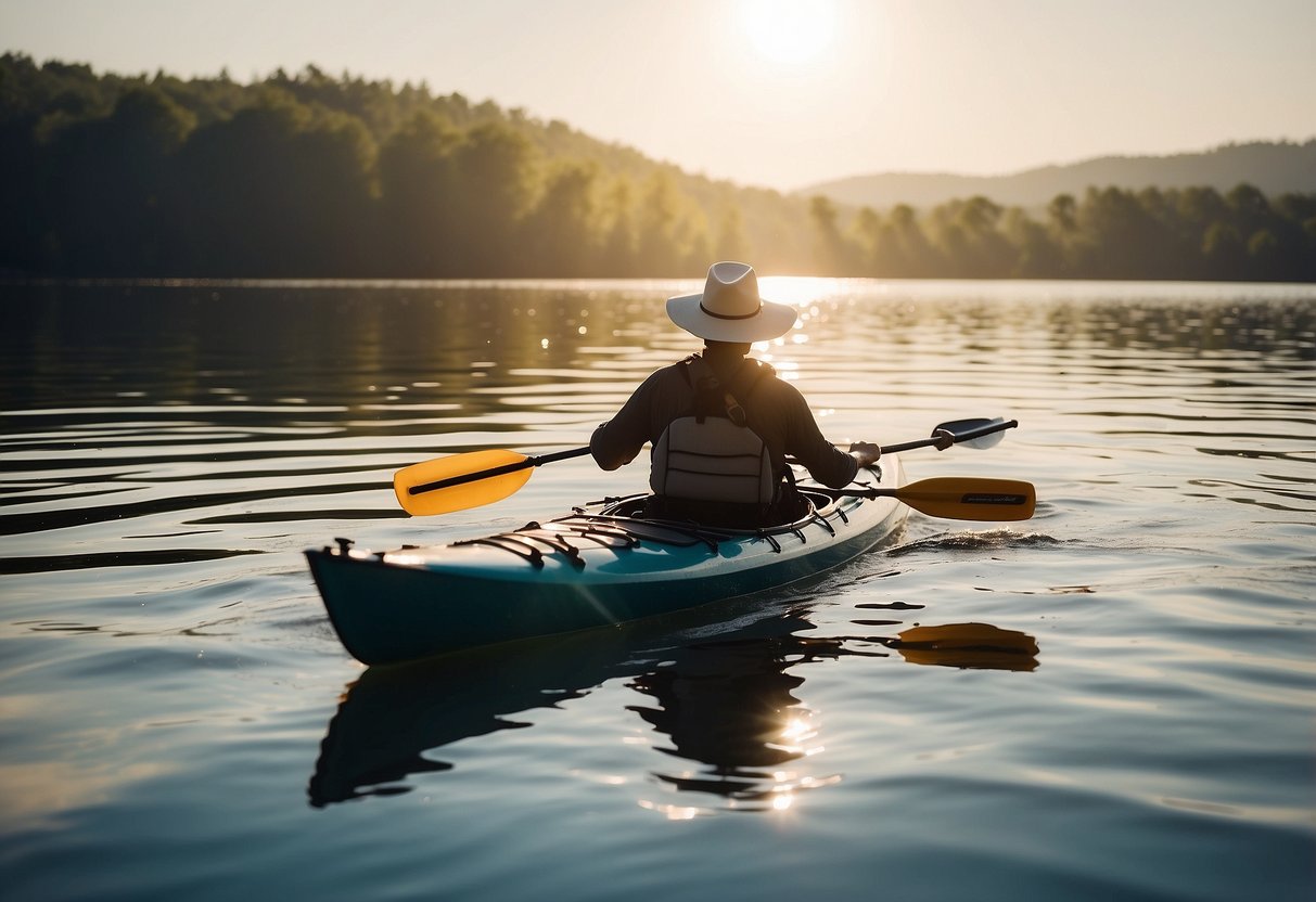 A figure in a wide-brimmed hat paddles a kayak on a shimmering lake under a bright sun. The water ripples gently as the figure navigates through the peaceful scene