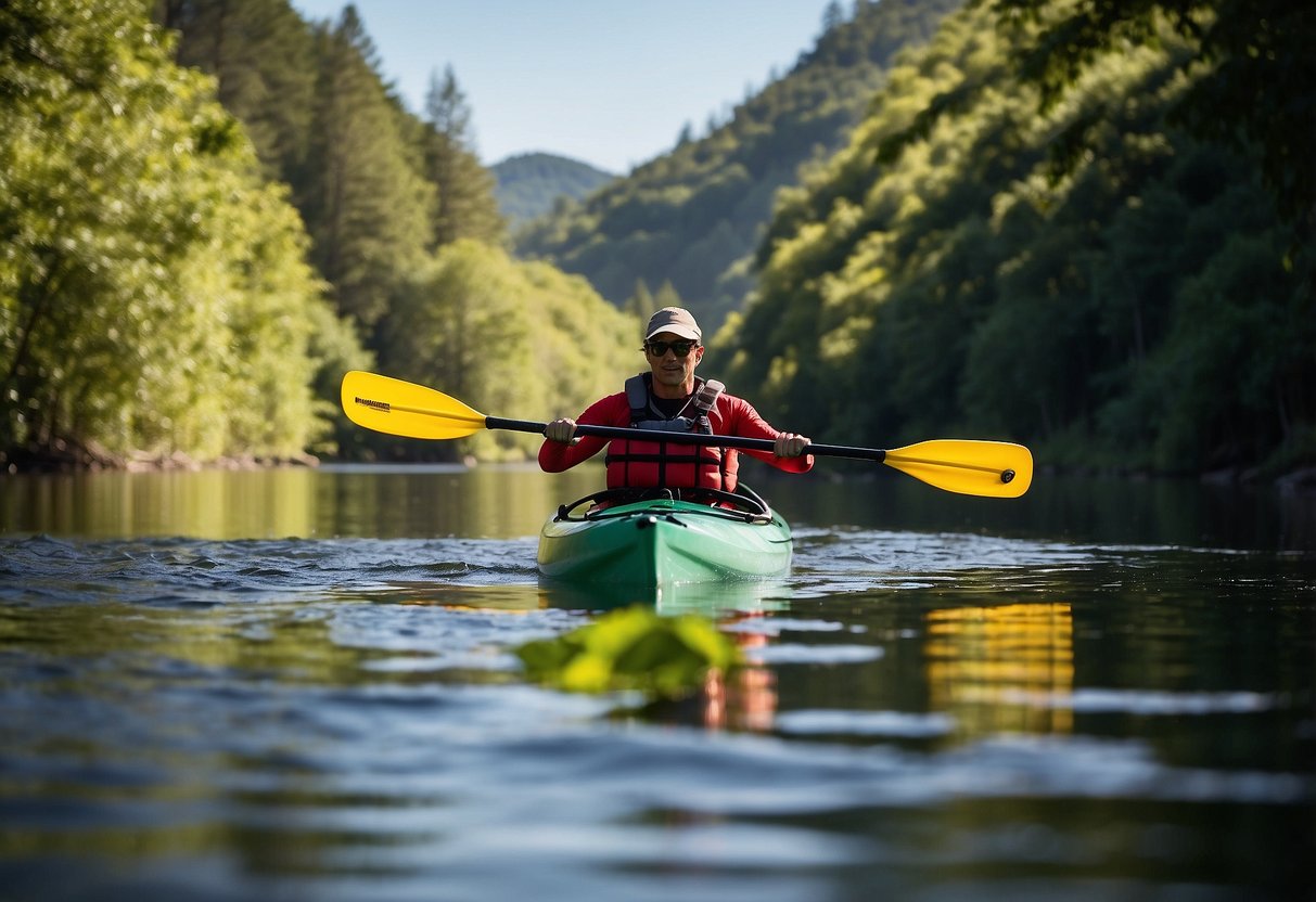 A kayaker paddles along a calm, sun-drenched river, surrounded by lush greenery and clear blue skies. The water glistens in the warm sunlight, creating a serene and peaceful atmosphere