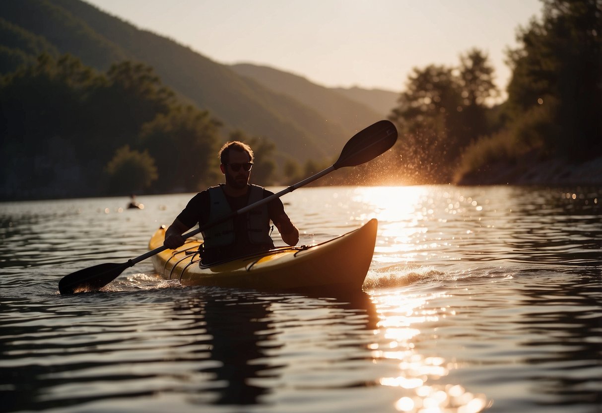 A kayaker paddles through shimmering heat waves, taking frequent breaks under the blazing sun. The water glistens as the paddler navigates through the scorching hot weather