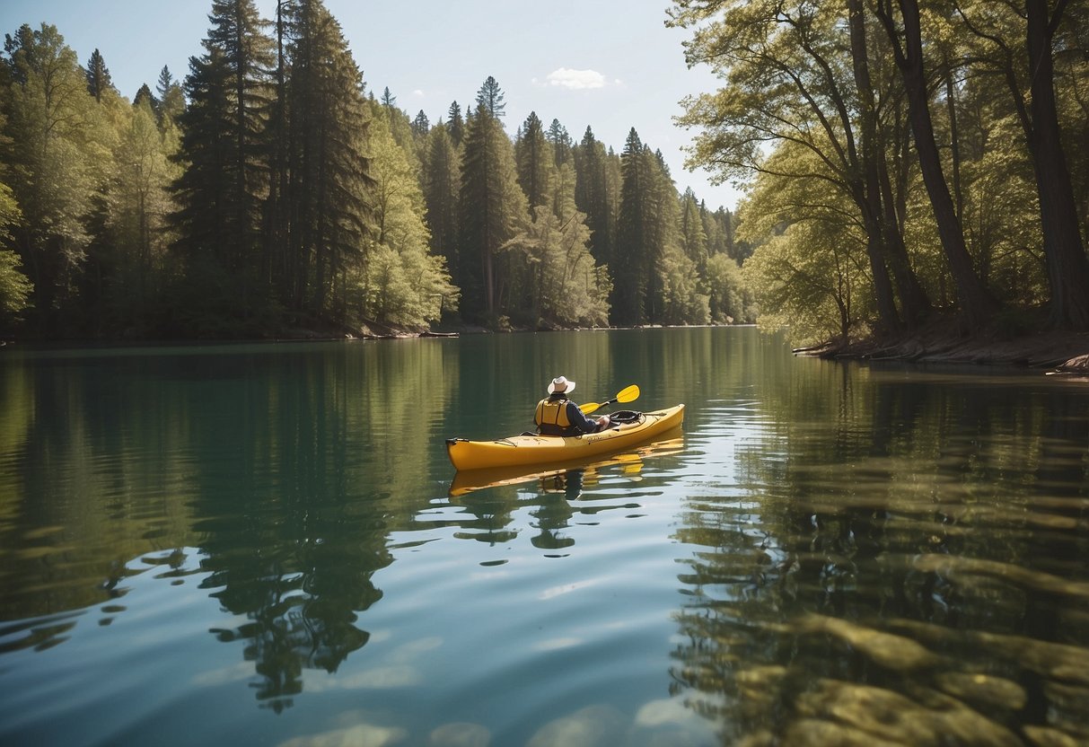 A bright, sunny day on a calm lake. A person paddles a kayak, wearing a hat and sunglasses. The water is shimmering, and the surrounding trees provide shade