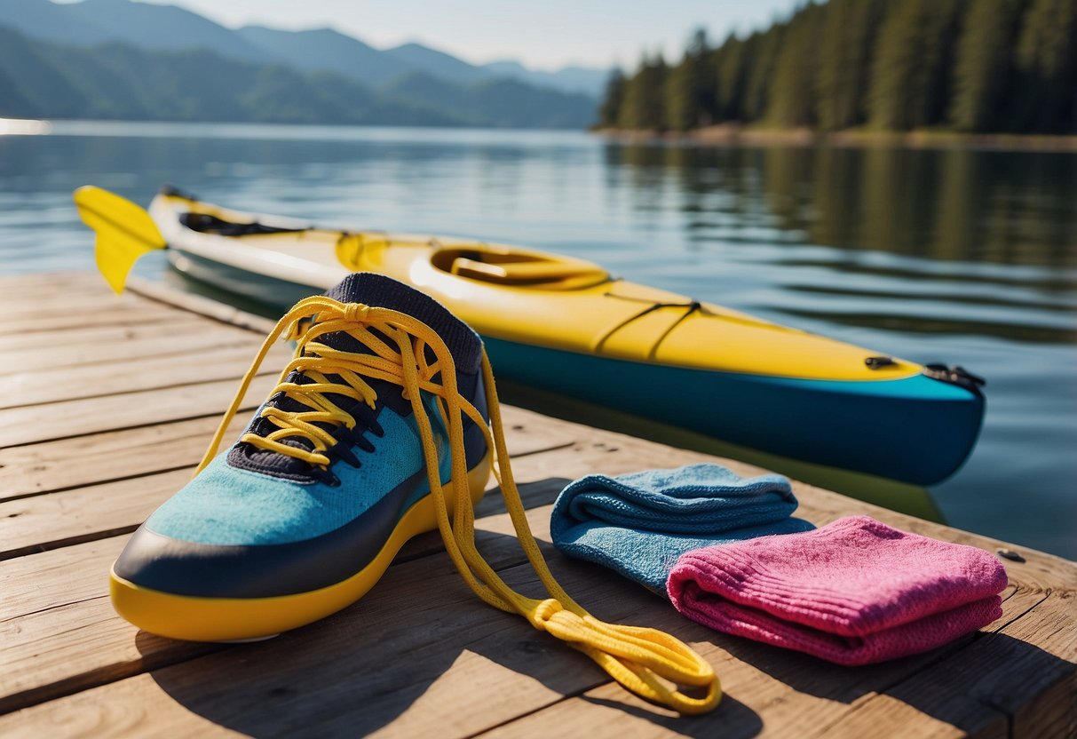 A pair of colorful, durable paddling socks arranged neatly on a wooden dock next to a kayak and paddle. The sun is shining, and the water is calm, setting the scene for a peaceful day on the water