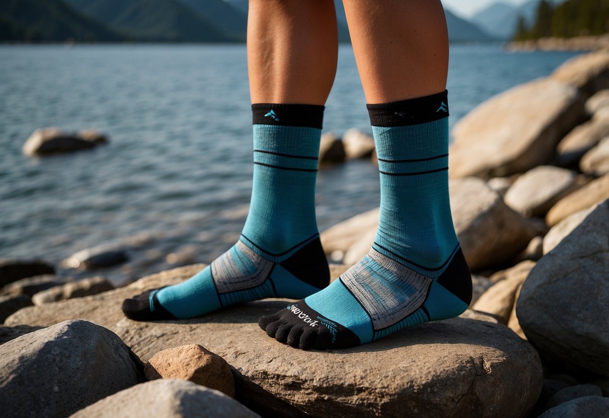 A pair of Smartwool PhD Outdoor Light Crew socks are shown on a rocky shore next to a kayak and paddle, with water and mountains in the background