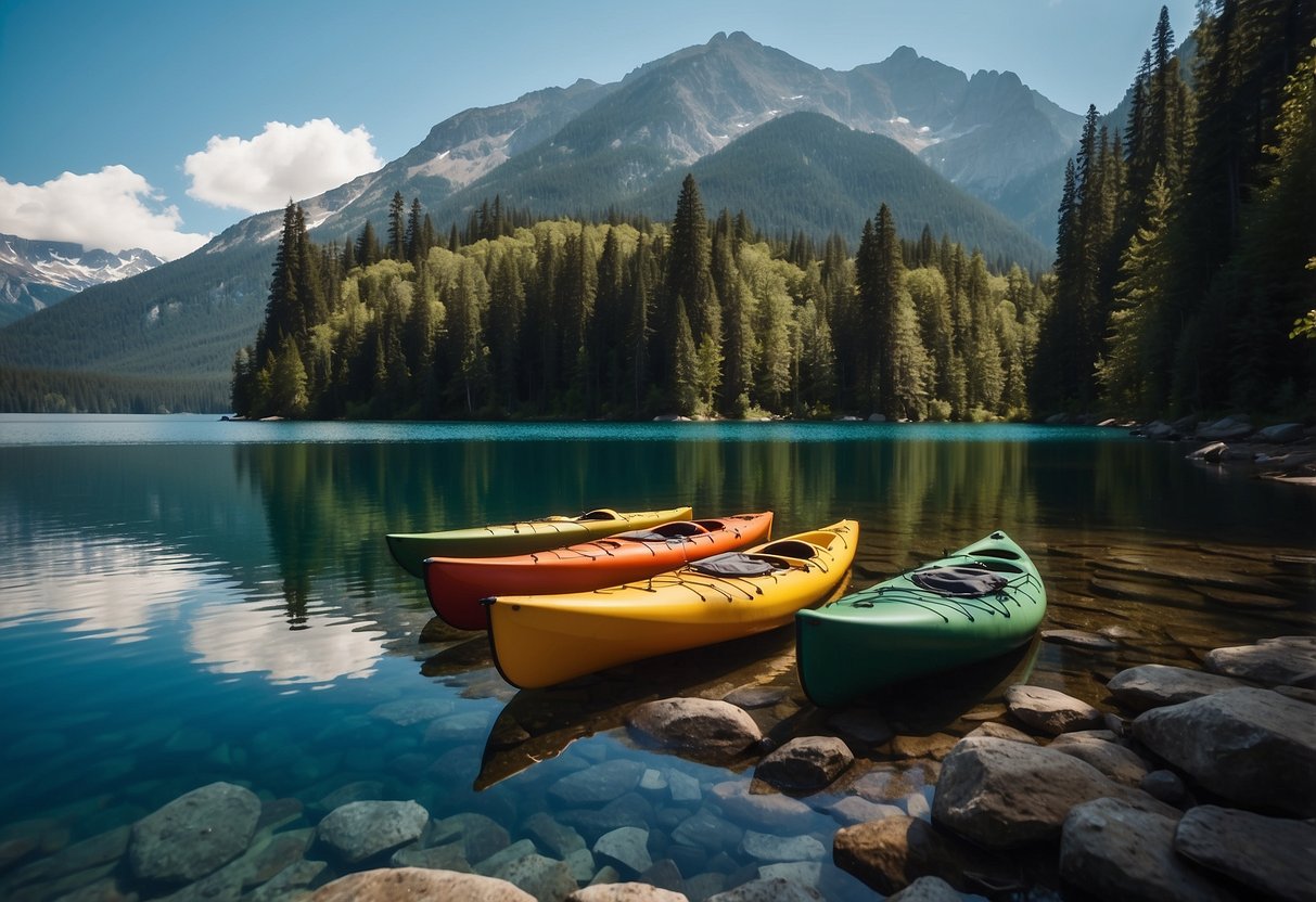 Kayaks and canoes lining the serene shore of a crystal-clear lake, surrounded by lush greenery and towering mountains in the distance