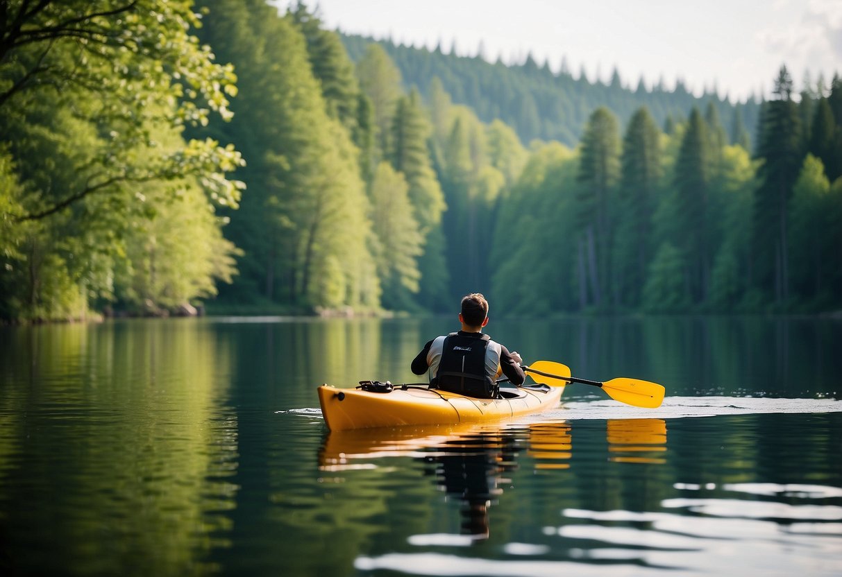 A person paddles a kayak on a calm lake, surrounded by lush green trees and a clear blue sky. Their gear is simple but effective, showcasing budget-friendly options for enjoying the water