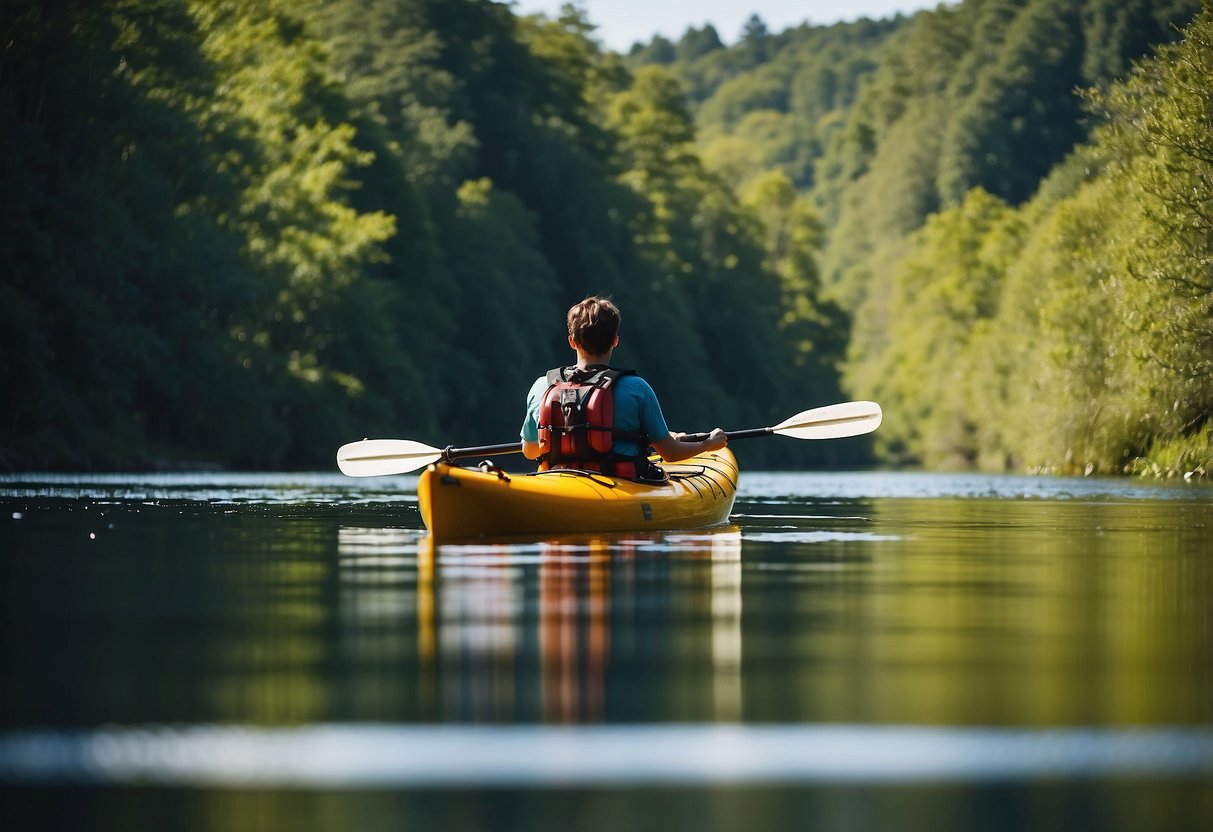 A person paddling a kayak on a calm river, surrounded by lush green trees and clear blue skies. The kayak is filled with various used gear, including a paddle, life jacket, and waterproof bag