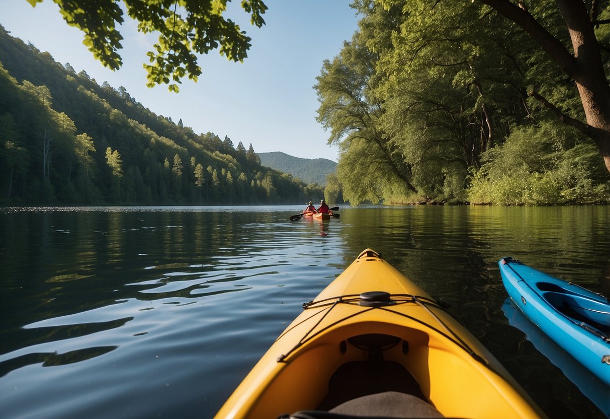 A group of kayaks and canoes glide gracefully across the calm waters of a lake, surrounded by lush green trees and a clear blue sky. The paddlers move in unison, enjoying the serenity of nature while staying within their budget