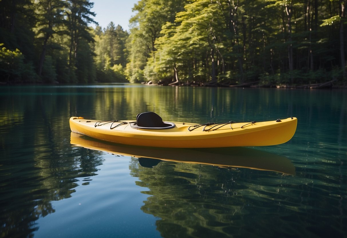 A colorful kayak floating on calm water, surrounded by lush green trees and a clear blue sky. A small sign reads "Discount Rentals 7 Tips for Paddling on a Budget" in the foreground