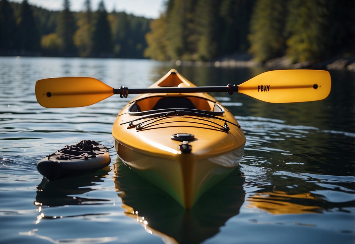 A kayak is being launched from a public site. Paddle, life jacket, and other gear are shown nearby. The scene is serene and budget-friendly