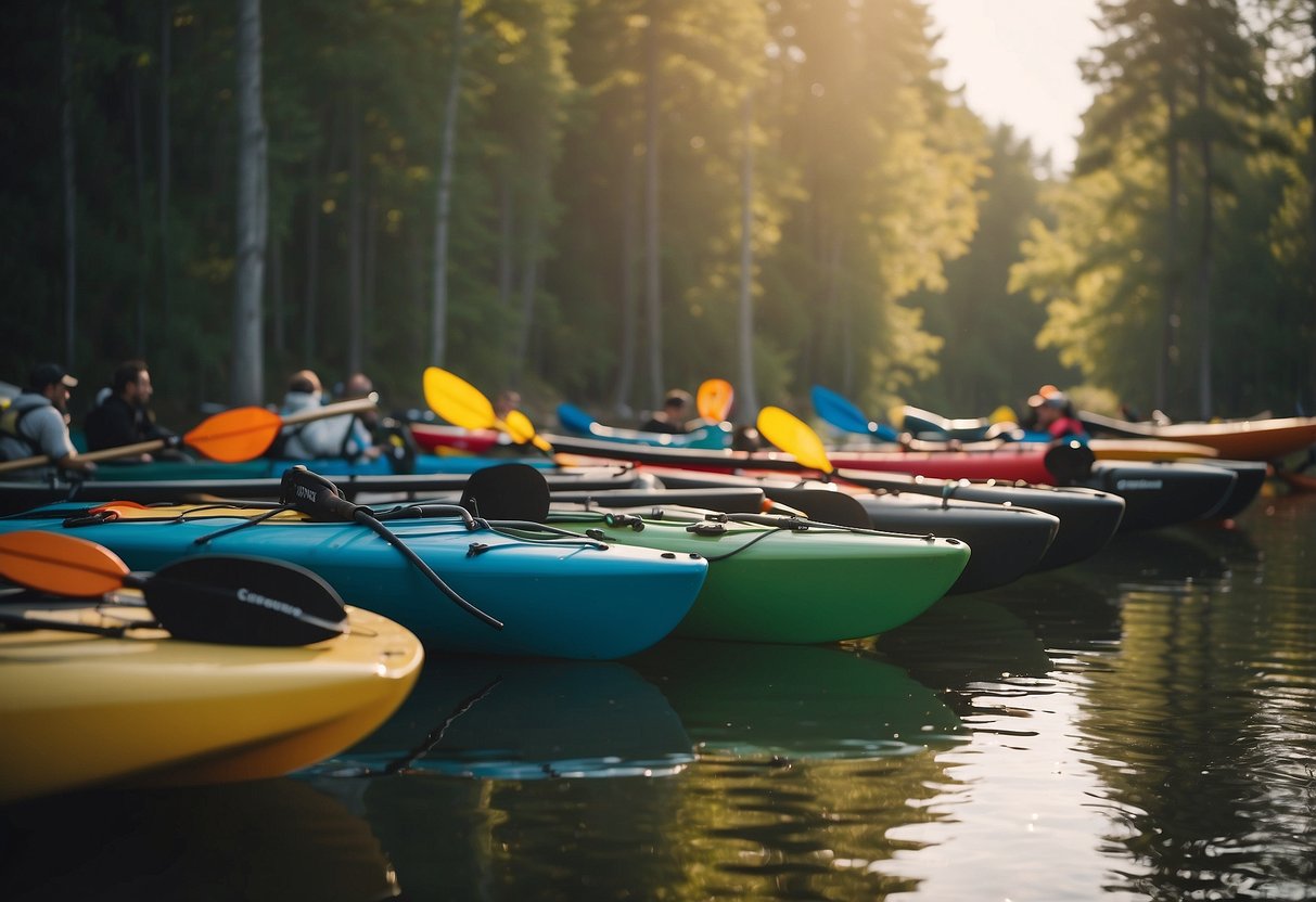 A group of paddlers gather around a dock, exchanging gear and equipment. Canoes and kayaks are lined up, ready to be borrowed or shared for a budget-friendly day on the water