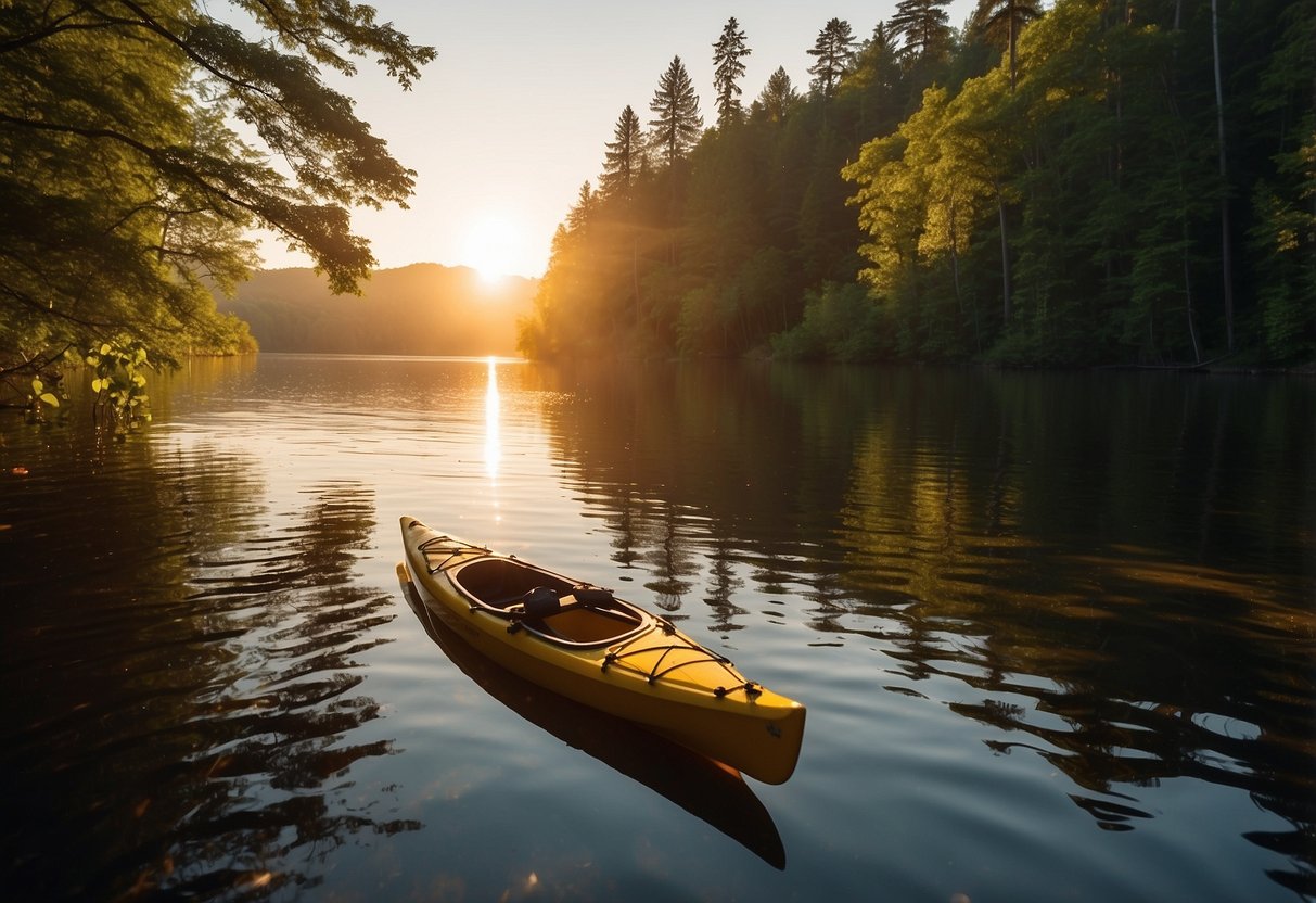 A serene lake surrounded by lush greenery, with a budget-friendly kayak and paddle resting on the shore. The sun is setting, casting a warm glow over the tranquil scene