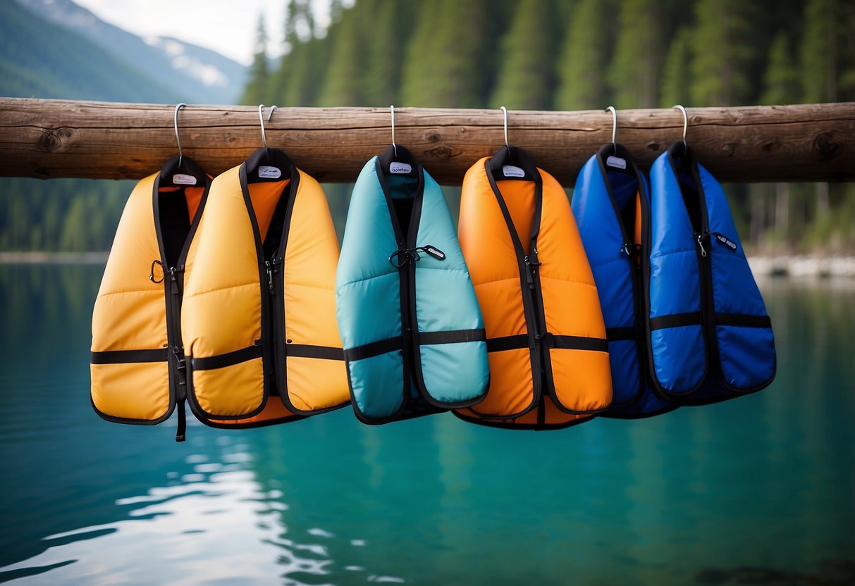 Five colorful lightweight vests hang on a wooden rack by a calm, blue lake. Paddles lean against the wall, ready for use