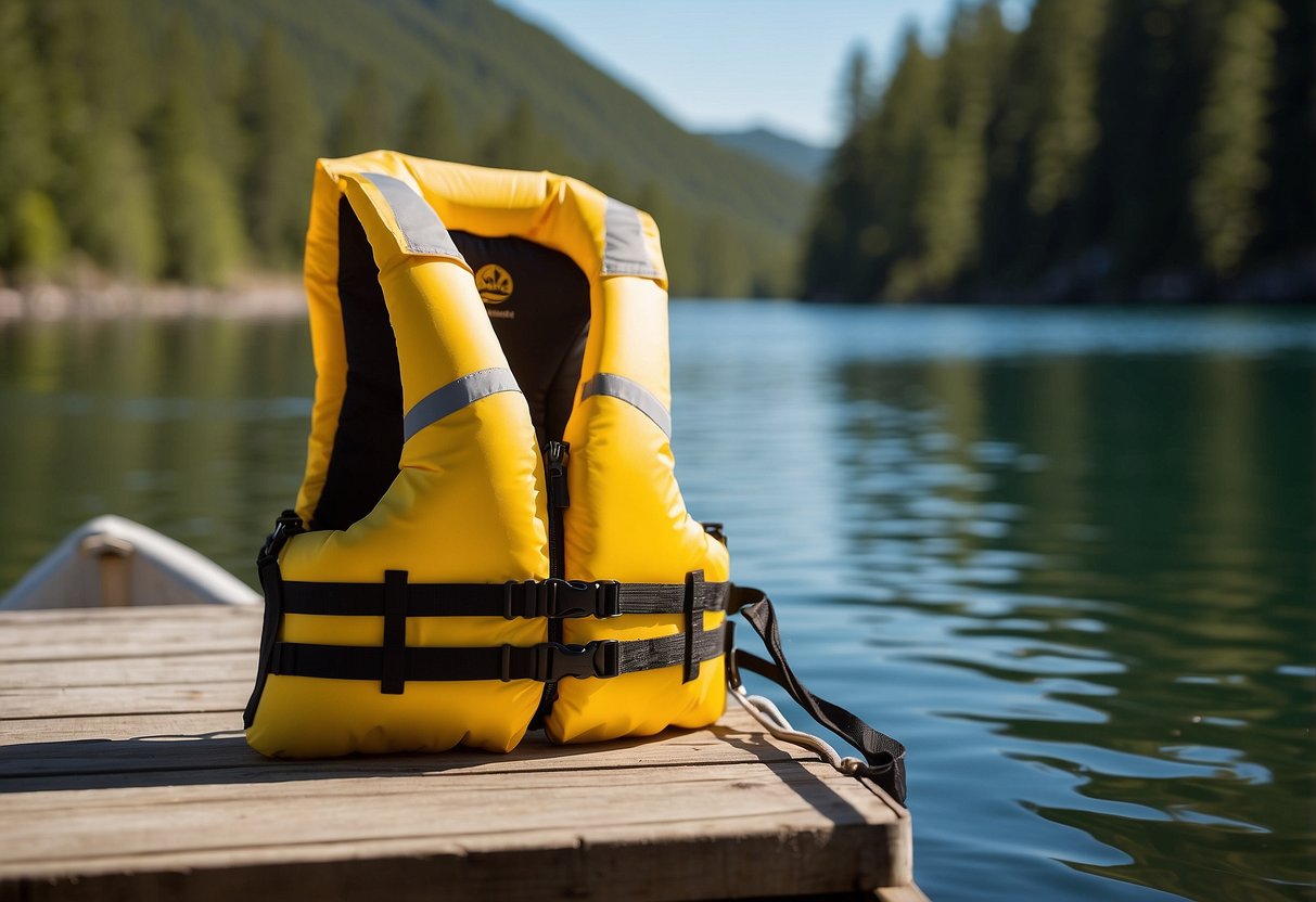 A bright yellow Stohlquist Edge life jacket hangs on a wooden dock, with a paddle and kayak in the background. The sun shines down on the peaceful water, creating a serene scene for paddling