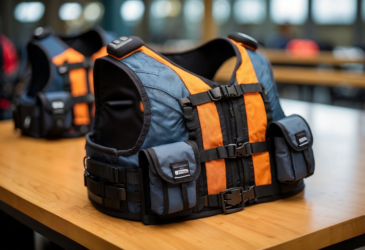 A table with 5 different lightweight paddling vests, made of various materials such as nylon and mesh. Each vest has multiple pockets and adjustable straps for a secure fit