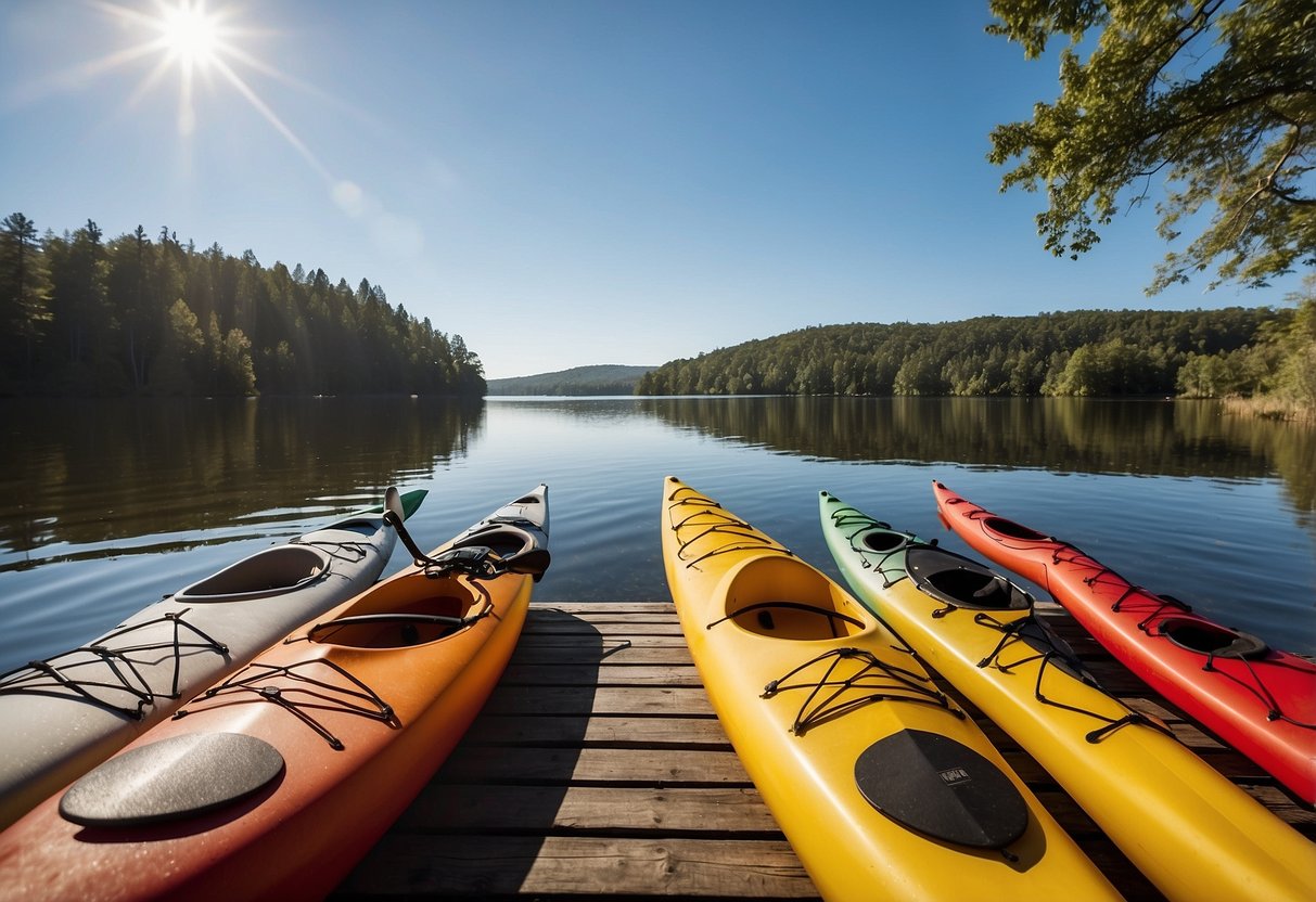 A calm river with kayaks in the background, showcasing lightweight vests on a wooden dock. Sunlight reflects off the water, creating a peaceful and inviting scene for paddlers