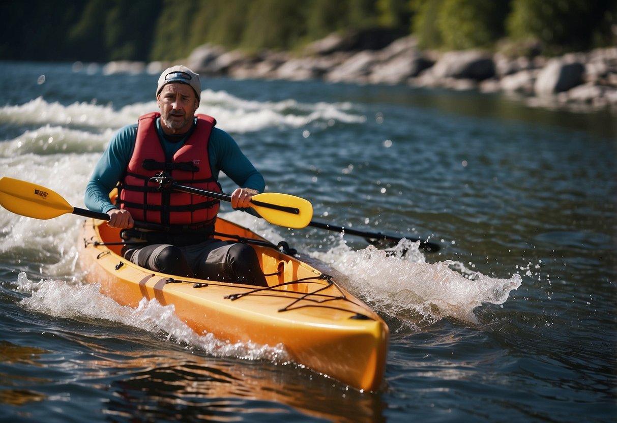 A kayaker struggles to paddle against the current, while a canoeist tips over due to poor balance. Another kayaker fails to properly secure their gear, causing it to fall into the water