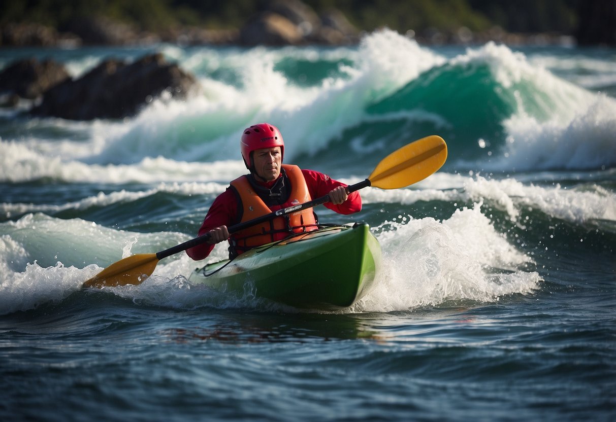 A kayaker paddling without safety gear, making common mistakes. Waves crash around them as they navigate rough waters