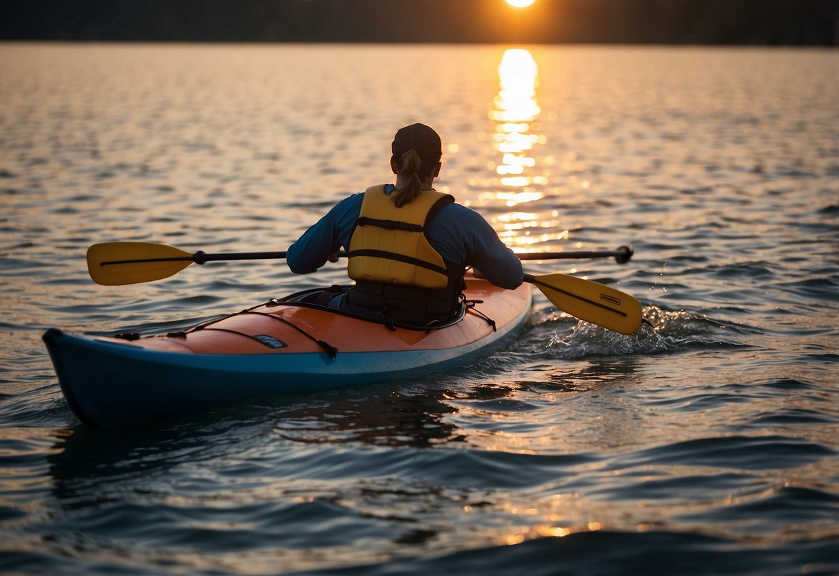 A kayaker paddles through rough waters, oblivious to a loose life jacket and a cracked paddle. The sun sets as the kayak veers off course, its occupant unaware of the impending danger