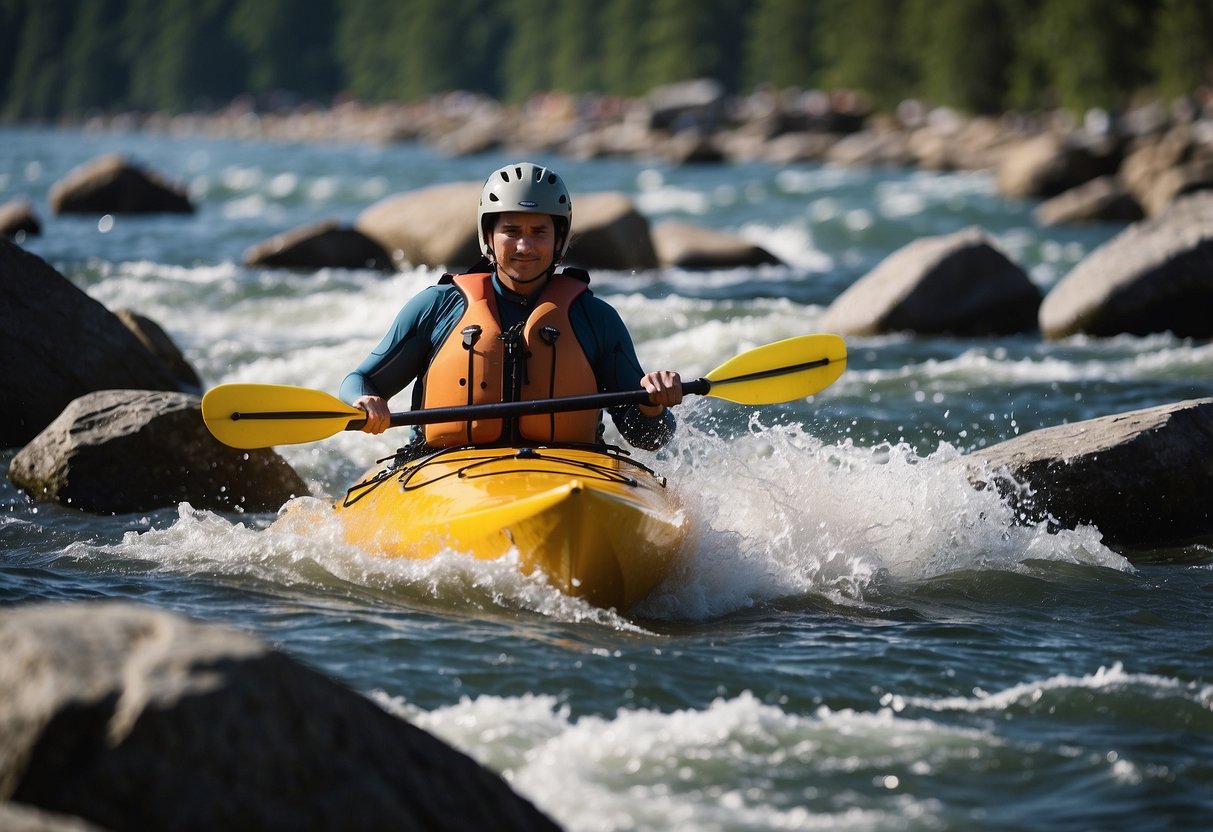 A kayak struggles against a swift river current, veering off course. Rocks and rapids pose a challenge. Avoidable mistakes become clear