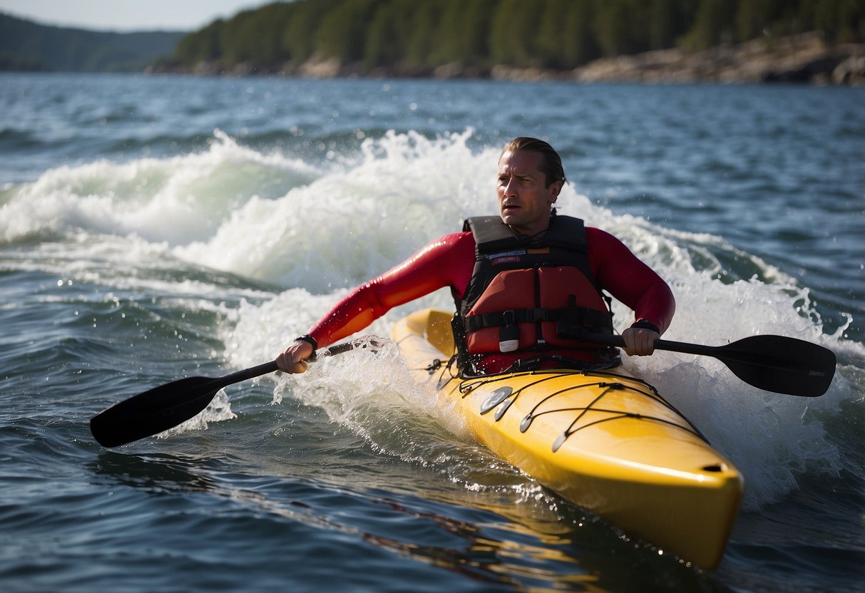 A kayaker struggles to stay afloat after capsizing, failing to perform self-rescue techniques. Waves crash around them as they attempt to right their kayak