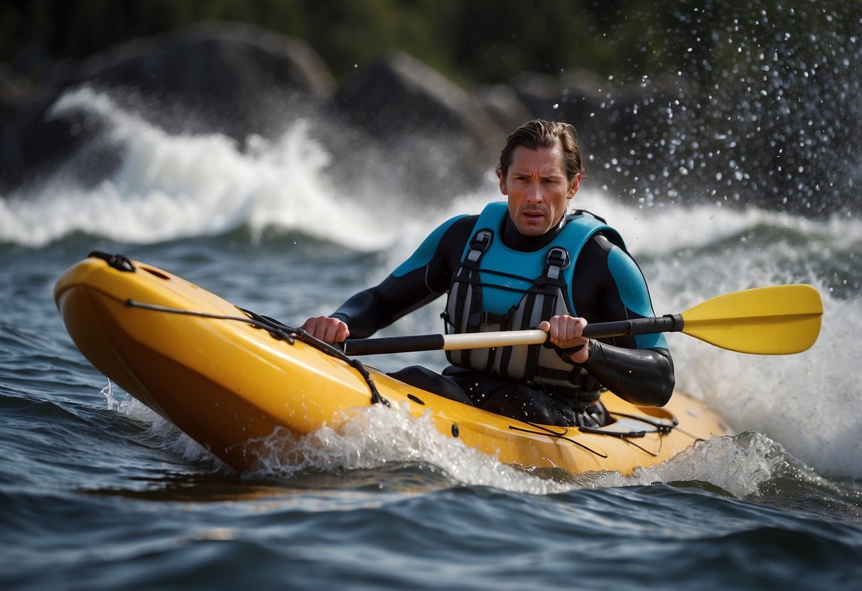 A kayaker struggles against strong currents, paddling without rest. Waves crash against the boat, as the paddler battles exhaustion