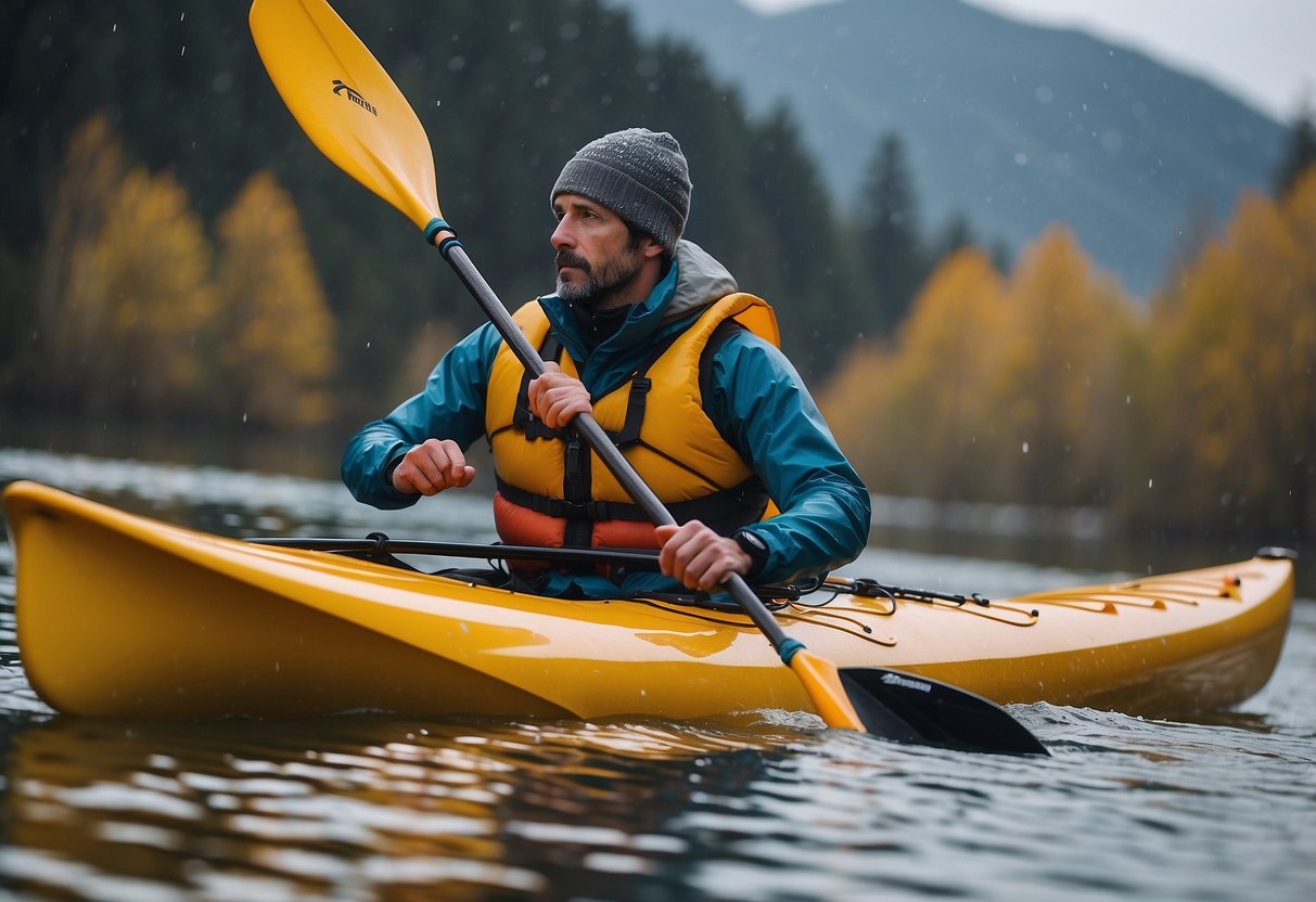 A kayaker paddling through calm waters, bundled up in layers with a waterproof jacket and hat, using proper insulation and staying dry