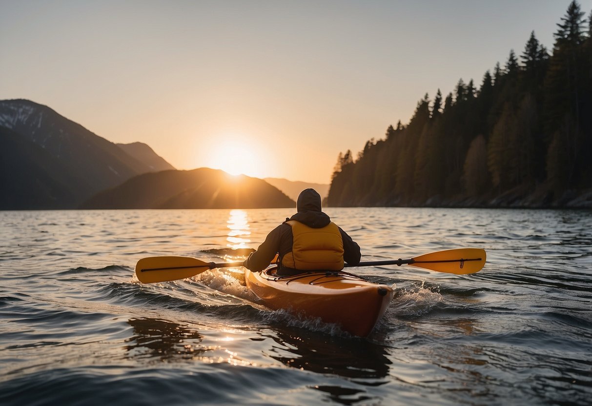 A kayaker paddles through choppy waters, wearing layers of quick-drying fabrics to stay warm. The sun sets in the background, casting a warm glow over the scene