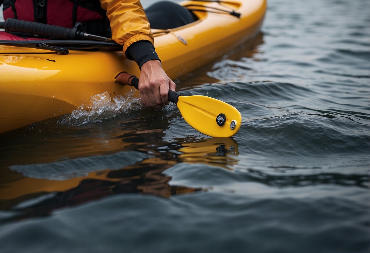 A kayaker's hands in waterproof paddle mitts, gripping a paddle, with tips for staying warm while paddling