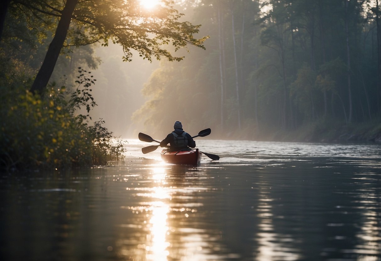 A kayaker wears thermal headwear on a cold, misty river. Paddle and water visible. Trees line the shore. Sunlight peeks through clouds