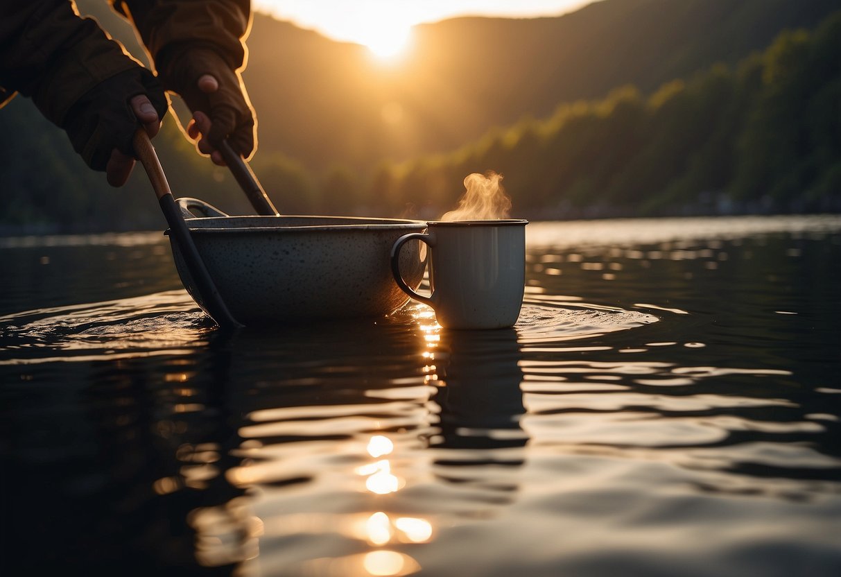 A person holding a steaming mug, surrounded by calm water and a kayak. The sun is setting, casting a warm glow on the scene