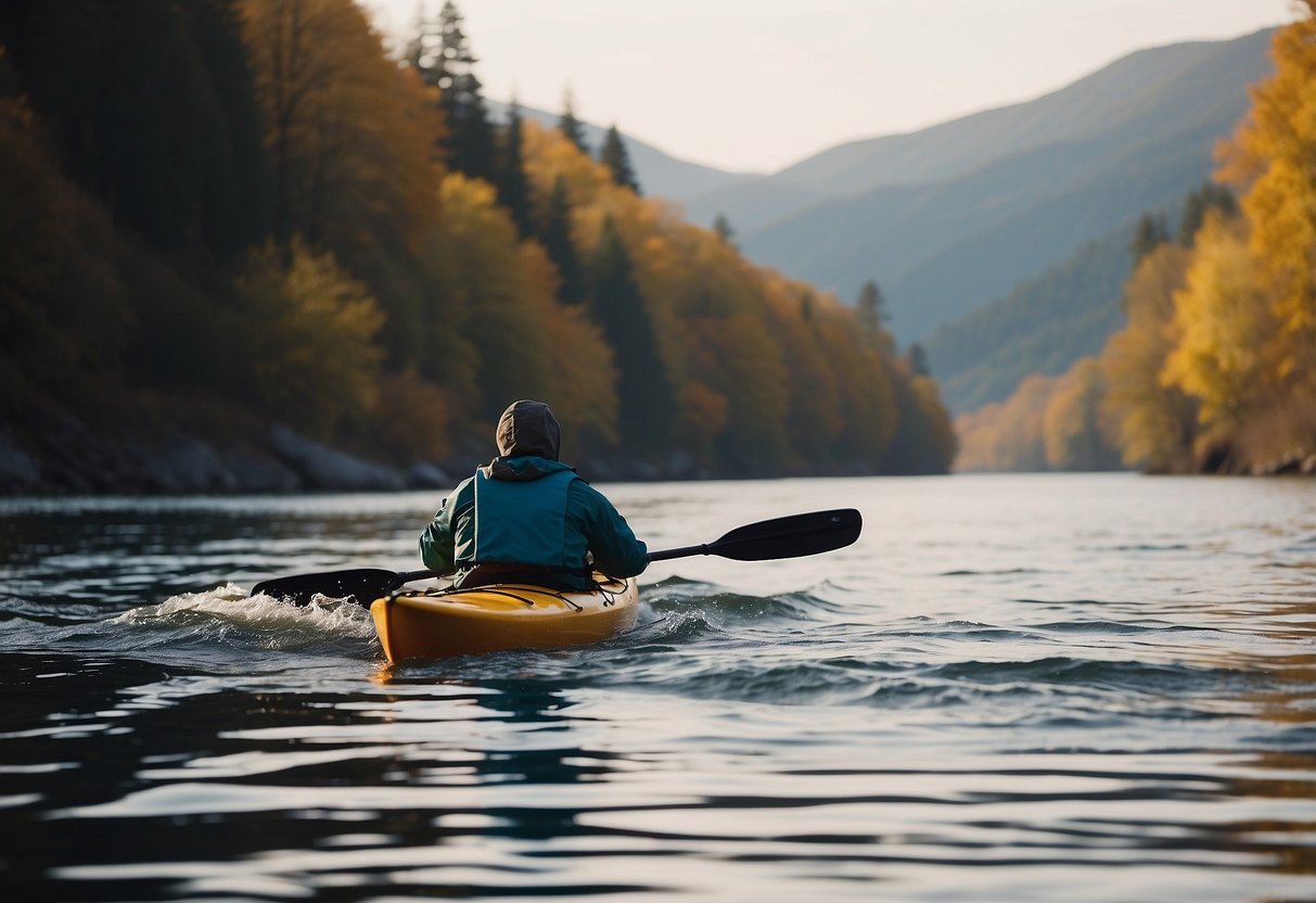 A kayaker paddling through choppy waters, wearing a waterproof jacket and gloves, with a small campfire burning on a nearby shore