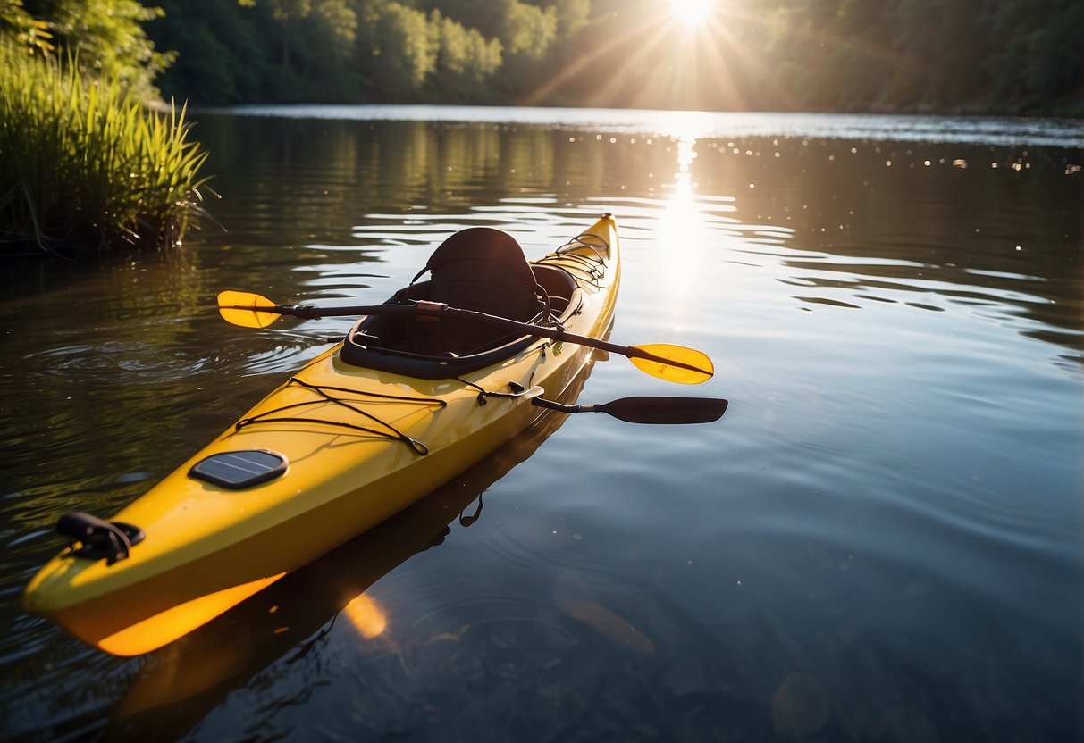 A kayak on a peaceful river, with a solar charger attached to the deck. The sun is shining brightly overhead, powering the charger as the paddler glides through the water