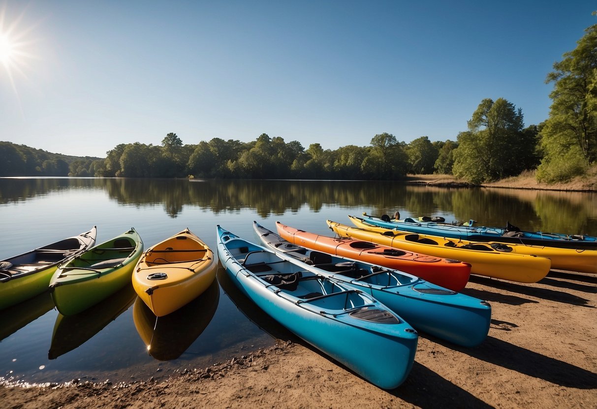 A sunny day on a calm river, with kayaks and canoes lined up along the shore. Solar chargers are attached to the boats, soaking up the sun's energy to power electronic devices on the water